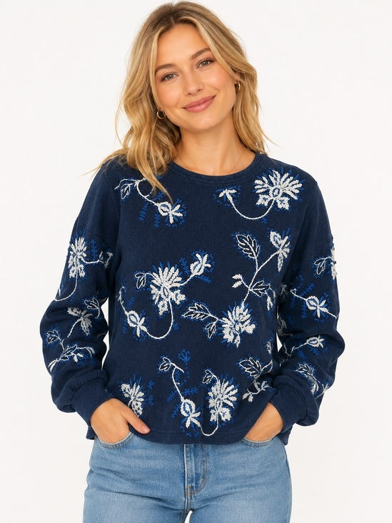 Wrap London Sweaters - Wrap London Blue Floral Crewneck Sweater with White & Blue Embroidery